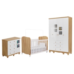 Dormitório Infantil Uli Guarda Roupa 4 Portas, Cômoda e Berço Branco Brilho/Amêndoa - Móveis Peroba