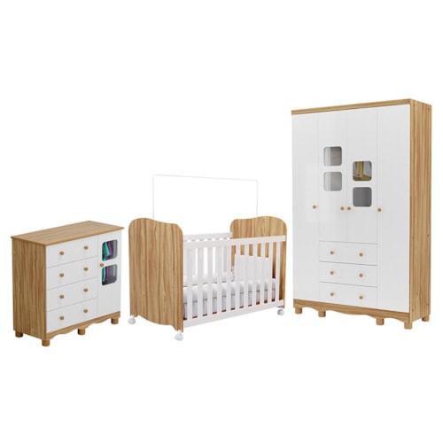 Dormitório Infantil Uli Guarda Roupa 4 Portas, Cômoda e Berço Branco Brilho/Amêndoa - Móveis Peroba