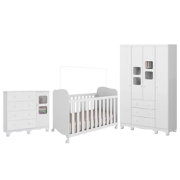 Dormitório Infantil Uli Guarda Roupa 4 Portas, Cômoda e Berço Branco Brilho - Móveis Peroba