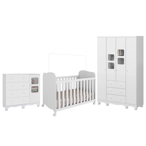 Dormitório Infantil Uli Guarda Roupa 4 Portas, Cômoda e Berço Branco Brilho - Móveis Peroba