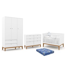 Dormitório Infantil Unique 3 Portas, Cômoda 6 Gavetas, Berço Branco Soft/Eco Wood com Colchão - Matic Móveis 