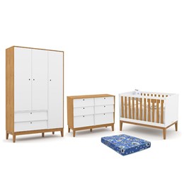 Dormitório Infantil Unique 3 Portas, Cômoda 6 Gavetas, Berço Branco Soft/Freijó/Eco Wood com Colchão - Matic Móveis 