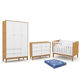 Dormitório Infantil Unique 3 Portas, Cômoda 6 Gavetas, Berço Freijó/Branco Soft/Eco Wood com Colchão - Matic Móveis 