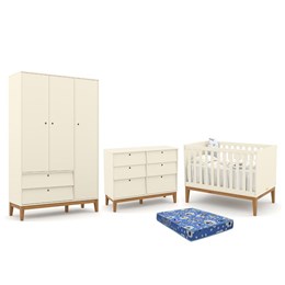 Dormitório Infantil Unique 3 Portas, Cômoda 6 Gavetas, Berço Off White/Eco Wood com Colchão - Matic Móveis 