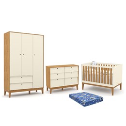 Dormitório Infantil Unique 3 Portas, Cômoda 6 Gavetas, Berço Off White/Freijó/Eco Wood com Colchão - Matic Móveis 