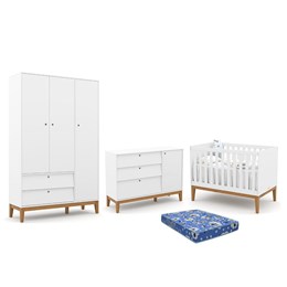 Dormitório Infantil Unique 3 Portas, Cômoda com Porta e Berço Branco Soft/Eco Wood com Colchão - Matic Móveis 