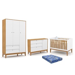 Dormitório Infantil Unique 3 Portas, Cômoda com Porta e Berço Branco Soft/Freijó/Eco Wood com Colchão - Matic Móveis 