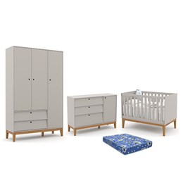 Dormitório Infantil Unique 3 Portas, Cômoda com Porta e Berço Cinza/Eco Wood com Colchão - Matic Móveis 