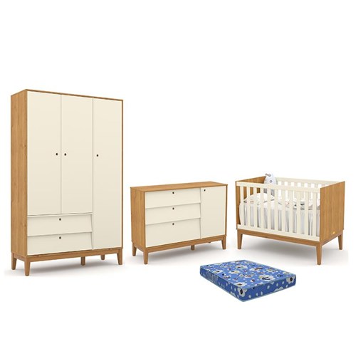Dormitório Infantil Unique 3 Portas, Cômoda com Porta e Berço Freijó/Off White/Eco Wood com Colchão - Matic Móveis 