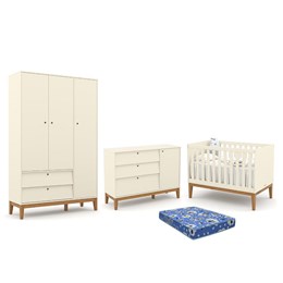 Dormitório Infantil Unique 3 Portas, Cômoda com Porta e Berço Off White/Eco Wood com Colchão - Matic Móveis 