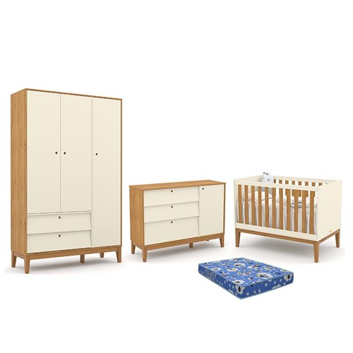 Dormitório Infantil Unique 3 Portas, Cômoda com Porta e Berço Off White/Freijó/Eco Wood com Colchão - Matic Móveis 