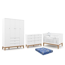 Dormitório Infantil Unique 4 Portas, Cômoda 6 Gavetas, Berço Branco Soft/Eco Wood e Colchão - Matic Móveis 