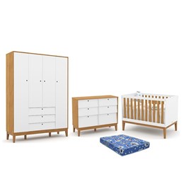 Dormitório Infantil Unique 4 Portas, Cômoda 6 Gavetas, Berço Branco Soft/Freijó/Eco Wood e Colchão - Matic Móveis 