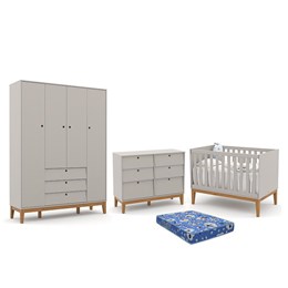 Dormitório Infantil Unique 4 Portas, Cômoda 6 Gavetas, Berço Cinza/Eco Wood e Colchão - Matic Móveis 