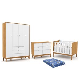 Dormitório Infantil Unique 4 Portas, Cômoda 6 Gavetas, Berço Freijó/Branco Soft/Eco Wood e Colchão - Matic Móveis 