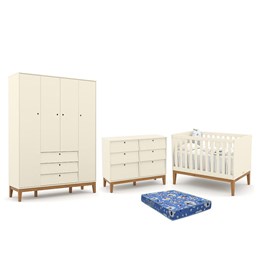 Dormitório Infantil Unique 4 Portas, Cômoda 6 Gavetas, Berço Off White/Eco Wood e Colchão - Matic Móveis 