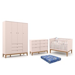 Dormitório Infantil Unique 4 Portas, Cômoda 6 Gavetas, Berço Rosê/Eco Wood e Colchão - Matic Móveis 