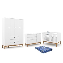 Dormitório Infantil Unique 4 Portas, Cômoda e Berço Branco Soft/Eco Wood com Colchão - Matic Móveis 