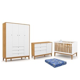 Dormitório Infantil Unique 4 Portas, Cômoda e Berço Branco Soft/Freijó/Eco Wood com Colchão - Matic Móveis 