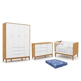 Dormitório Infantil Unique 4 Portas, Cômoda e Berço Freijó/Branco Soft/Eco Wood com Colchão - Matic Móveis 