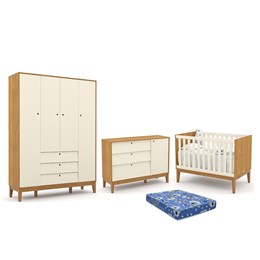 Dormitório Infantil Unique 4 Portas, Cômoda e Berço Freijó/Off White/Eco Wood com Colchão - Matic Móveis 