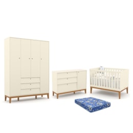 Dormitório Infantil Unique 4 Portas, Cômoda e Berço Off White/Eco Wood com Colchão - Matic Móveis 