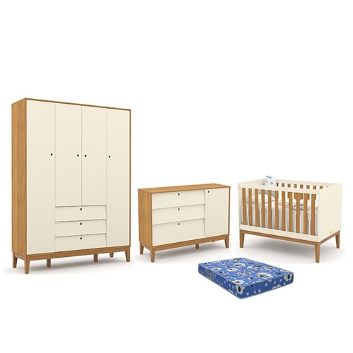 Dormitório Infantil Unique 4 Portas, Cômoda e Berço Off White/Freijó/Eco Wood com Colchão - Matic Móveis 