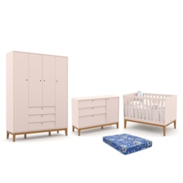 Dormitório Infantil Unique 4 Portas, Cômoda e Berço Rosê/Eco Wood com Colchão - Matic Móveis 