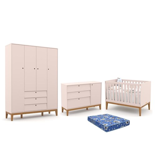Dormitório Infantil Unique 4 Portas, Cômoda e Berço Rosê/Eco Wood com Colchão - Matic Móveis 