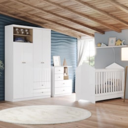 Dormitório Infantil Vanila com Guarda Roupa, Berço e Cômoda Branco/Jequitibá - Móveis Henn
