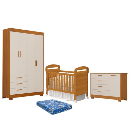 Dormitório Infantil Zaki Guarda Roupa, Cômoda e Berço Danny Areia Fosco/Savana com Colchão Baby Physical - Reller Móveis