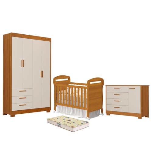 Dormitório Infantil Zaki Guarda Roupa, Cômoda e Berço Danny Areia Fosco/Savana com Colchão Supreme - Reller Móveis