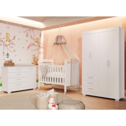Dormitório Infantil Zaki Guarda Roupa, Cômoda e Berço Danny Branco Fosco com Colchão Baby Physical - Reller Móveis