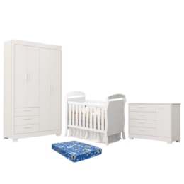 Dormitório Infantil Zaki Guarda Roupa, Cômoda e Berço Danny Branco Fosco com Colchão Baby Physical - Reller Móveis