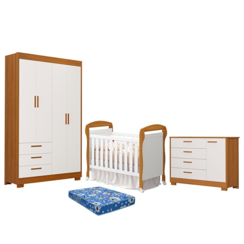 Dormitório Infantil Zaki Guarda Roupa, Cômoda e Berço Danny Branco Fosco/Savana com Colchão Baby Physical - Reller Móveis