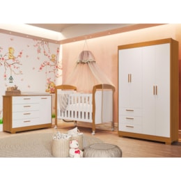 Dormitório Infantil Zaki Guarda Roupa, Cômoda e Berço Danny Branco Fosco/Savana com Colchão Baby Physical - Reller Móveis