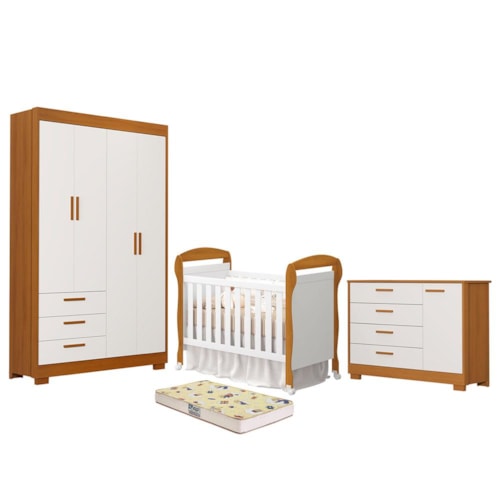 Dormitório Infantil Zaki Guarda Roupa, Cômoda e Berço Danny Branco Fosco/Savana com Colchão Supreme - Reller Móveis