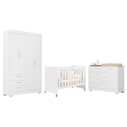 Dormitório Infantil Zaki Guarda Roupa, Cômoda e Berço Evolution Branco Fosco - Reller Móveis