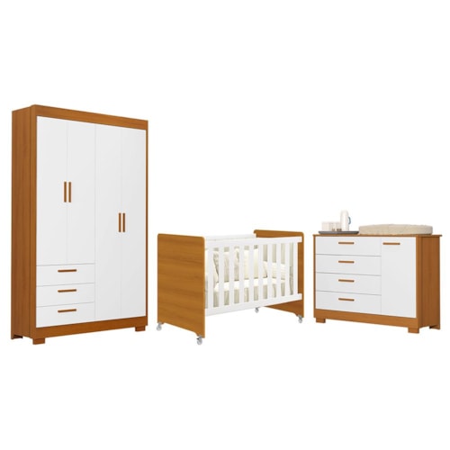 Dormitório Infantil Zaki Guarda Roupa, Cômoda e Berço Evolution Branco Fosco/Savana - Reller Móveis 