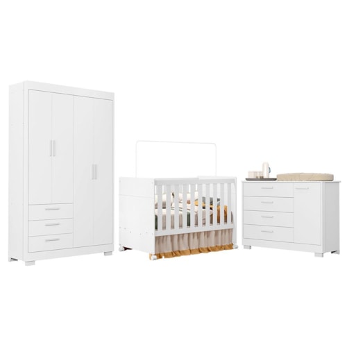 Dormitório Infantil Zaki Guarda Roupa, Cômoda e Berço Katatau Branco Fosco - Reller Móveis
