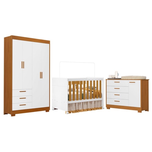 Dormitório Infantil Zaki Guarda Roupa, Cômoda e Berço Katatau Branco Fosco/Savana - Reller Móveis