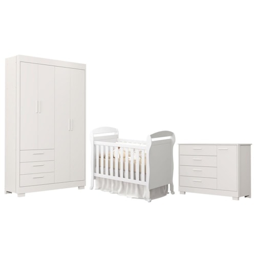 Dormitório Infantil Zaki Guarda Roupa, Cômoda e Berço Mini Cama Danny Branco Fosco - Reller Móveis 