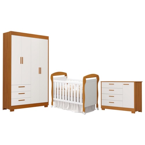 Dormitório Infantil Zaki Guarda Roupa, Cômoda e Berço Mini Cama Danny Branco Fosco/Savana - Reller Móveis