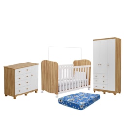Dormitório Júnior 3 Portas, Cômoda 1 Porta e Berço Uli Branco Brilho/Amêndoa com Colchão Baby Physical - Móveis Peroba