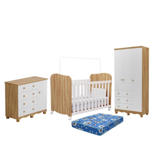 Dormitório Júnior 3 Portas, Cômoda 1 Porta e Berço Uli Branco Brilho/Amêndoa com Colchão Baby Physical - Móveis Peroba