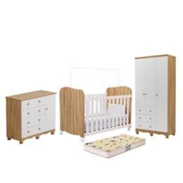 Dormitório Júnior Guarda Roupa 3 Portas, Cômoda 1 Porta e Berço Uli Branco Brilho/Amêndoa com Colchão Supreme - Móveis Peroba