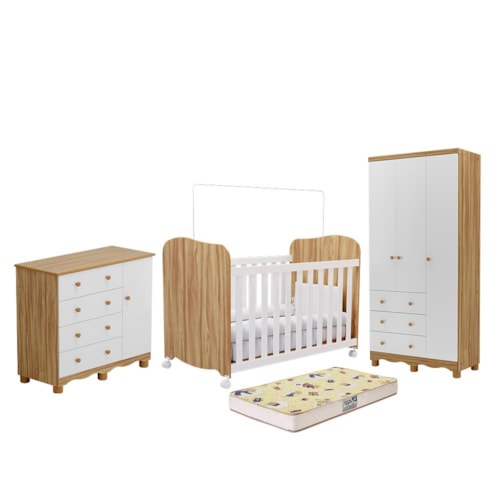 Dormitório Júnior Guarda Roupa 3 Portas, Cômoda 1 Porta e Berço Uli Branco Brilho/Amêndoa com Colchão Supreme - Móveis Peroba