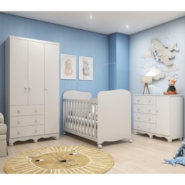 Dormitório Júnior Guarda Roupa 3 Portas, Cômoda 1 Porta e Berço Uli Branco Brilho com Colchão Supreme - Móveis Peroba