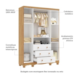 Dormitório Júnior Guarda Roupa 4 Portas, Cômoda 1 Porta e Berço Uli Branco Brilho/Amêndoa com Colchão Baby Physical - Móveis Peroba