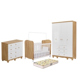 Dormitório Júnior Guarda Roupa 4 Portas, Cômoda 1 Porta e Berço Uli Branco Brilho/Amêndoa com Colchão Supreme - Móveis Peroba